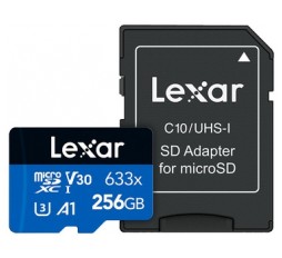 Slika izdelka: Spominska kartica Lexar High-Performance 633x, micro SDXC, 256GB, 100MB/s U3, V30, A1, UHS-I, z adapterjem