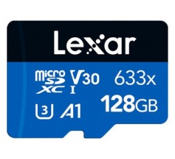 Slika izdelka: Spominska kartica Lexar High-Performance 633x, micro SDXC, 128GB, 100MB/s, U3, V30, A1, UHS-I, z adapterjem
