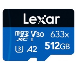 Slika izdelka: Spominska kartica Lexar High-Performance 633x, micro SDXC, 512GB, 100MB/s, U3, V30, A2, UHS-I, z adapterjem