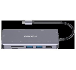 Slika izdelka: CANYON DS-11, 9-v-1 USB C razdelilnik, z 1HDMI: 4K30Hz, 1Gigabit Ethernet, 1Type-C PD priključek za polnjenje, Max 100W PD vhod. 2USB 3.0, hitrost prenosa do 5 Gbps. 1USB 2.0, 1SD, 13,5mm avdio priključek, kabel dolžine 18 cm, ohišje iz aluminijeve zlitine 1154615 mm, 88,5 g, črna barva.
