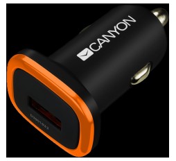Slika izdelka: CANYON C-01, univerzalni avtomobilski adapter s 1 USB priključkom, vhod 12V-24V, izhod 5V-1A, črna gumijasta prevleka s oranžnim elektroplakiranim obročem