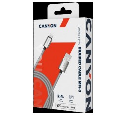 Slika izdelka: CANYON MFI-3, MFI pleten kabel za polnjenje in sinhronizacijo s kovinsko lupino, USB na lightning, certificiran s strani Apple, dolžina kabla 1m, premer 0,28 mm, temno siv.