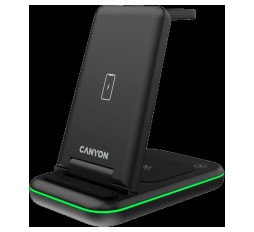 Slika izdelka: CANYON WS-304, Foldable  3in1 Wireless charger, with touch button for Running water light, Input 9V/2A,  12V/1.5AOutput 15W/10W/7.5W/5W, Type c to USB-A cable length 1.2m, with QC18W EU plug,132.51*75*28.58mm, 0.168Kg, Black