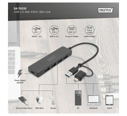 Slika izdelka: Digitus hub USB 3.0 4xA + TipC slim črn DA-70235