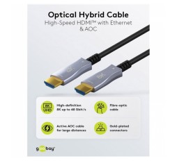 Slika izdelka: GOOBAY Optical Hybrid Ultra High Speed HDMI (M/M) 2.1 8K 60Hz 10m z Ethernet AOC pozlačen črn Optični Hibridni kabel