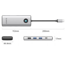 Slika izdelka: Priključna postaja USB-C, 8 v 1, 3xUSB-A, USB-C, HDMI 4K@60Hz, VGA, RJ45, PD 100W, ORICO