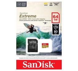 Slika izdelka: SanDisk Extreme microSDXC 64GB for Action Cams and Drones + SD Adapter 170MB/s & 80MB/s A2 C10 V30 UHS-I U3