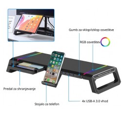 Slika izdelka: Stojalo za monitor z USB hubom s 4 vhodi, USB 3.0, RGB, črn, Ewent EW1268