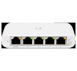 Slika izdelka: Ubiquiti USW Flex Mini 5-Port managed Gigabit Ethernet switch powered by 802.3af/at PoE or 5V, 1A USB-C power adapter.