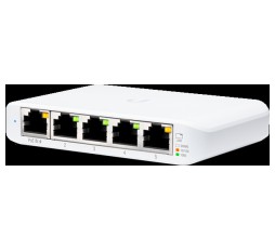 Slika izdelka: Ubiquiti USW Flex Mini 5-Port managed Gigabit Ethernet switch powered by 802.3af/at PoE or 5V, 1A USB-C power adapter.