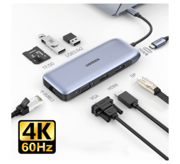 Slika izdelka: Ugreen USB-C Hub 9v1 4K HDMI,  4K DP, VGA, RJ45, 2xUSB 3.2, MicroSD - box