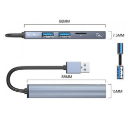Slika izdelka: USB hub s 4 vhodi, 1x USB 3.0, 2x USB 2.0, TF+microSD, 0,15m, aluminij, ORICO AH-A12F