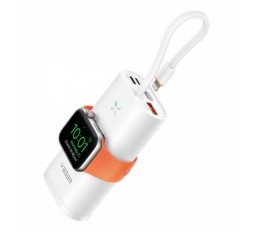 Slika izdelka: VEGER prenosna baterija MagFan 10000 mAh, vgrajen kabel in Apple Watch polnilnik, bela